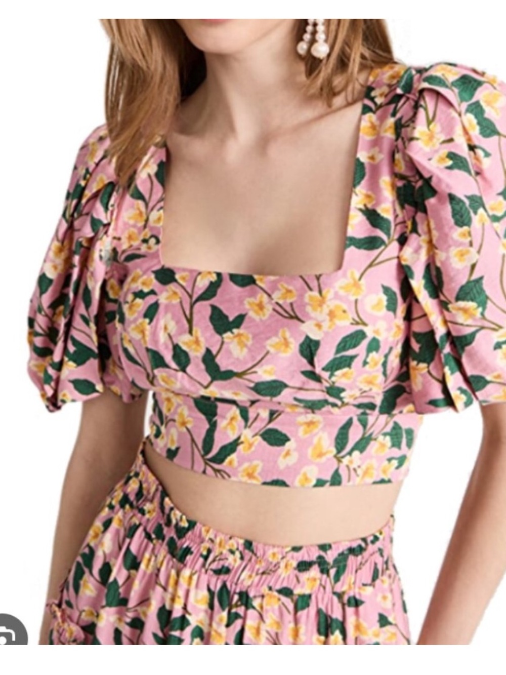 Moon River Pink Floral Square Neck Puff Sleeve Tie-Back Cropped Blouse L